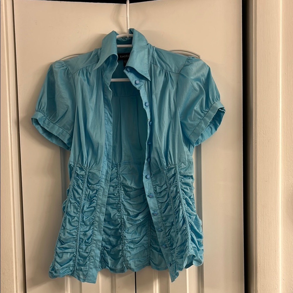 Blue Short Sleeve Button-Up Top